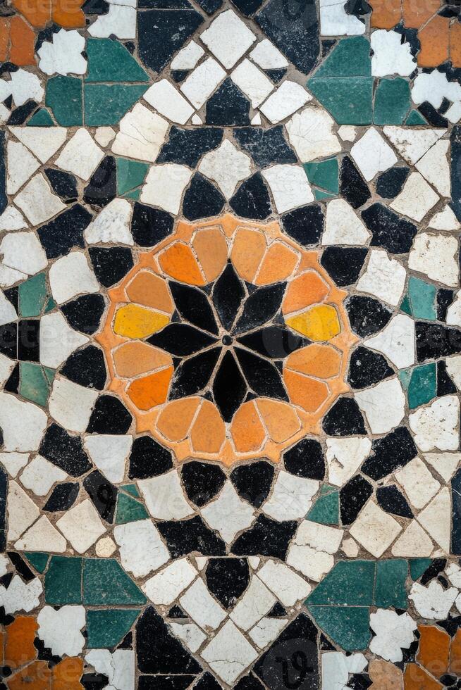 A colorful mosaic tile floor with a black center photo