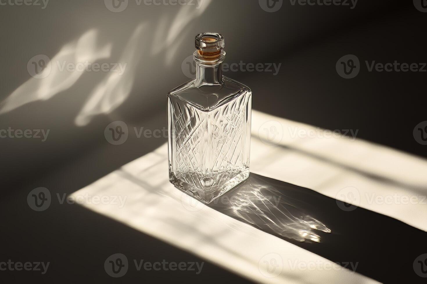 Elegant Glass Decanter with Sunlit Patterns Casting Shadows photo