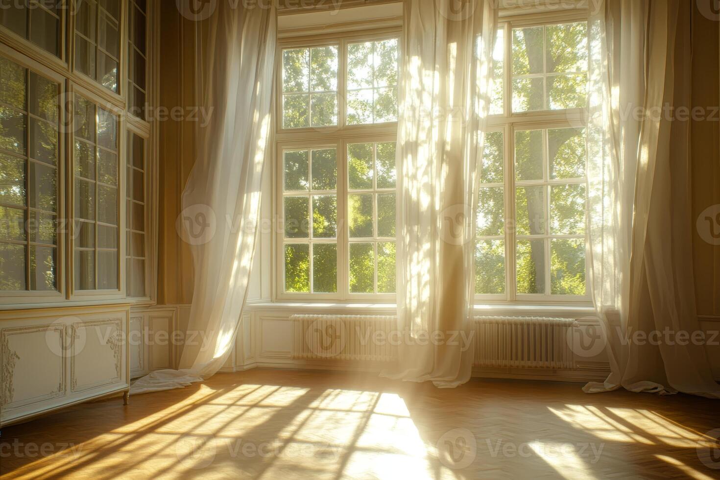 Sunlit Room with Large Windows and Flowing Curtains Creating a Warm and Inviting Atmosphere photo