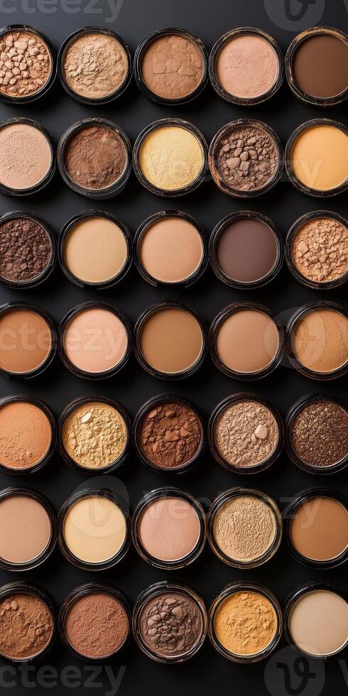 Compact powders and foundations arranged in a linear grid with even spacing. photo