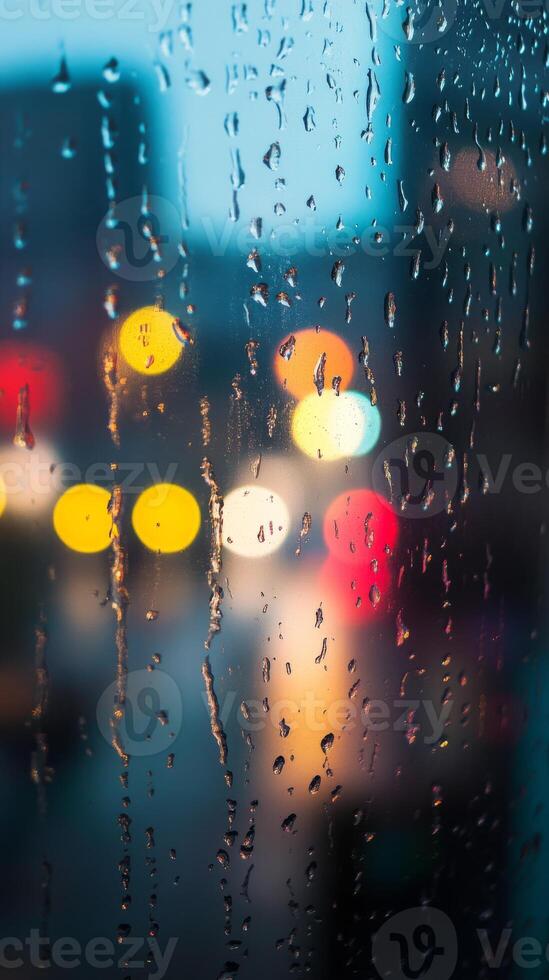 A blurry image of a city street with raindrops on the window photo