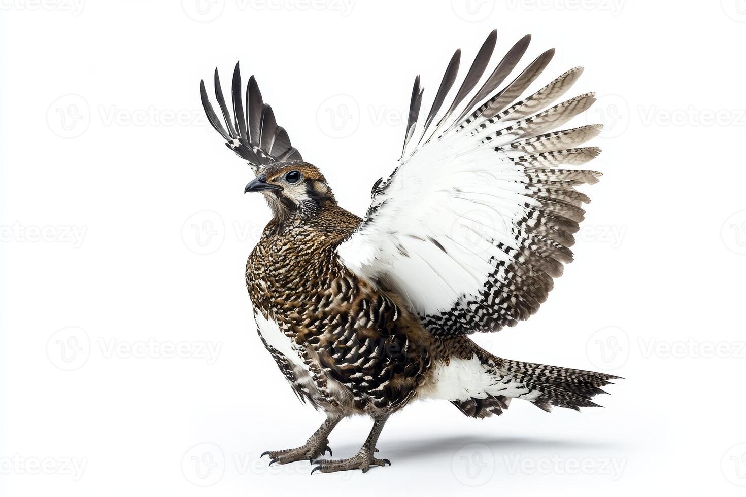 Stunning Portrait of a Sharp-tailed Grouse with Wings Spread Against a Pristine White Background photo
