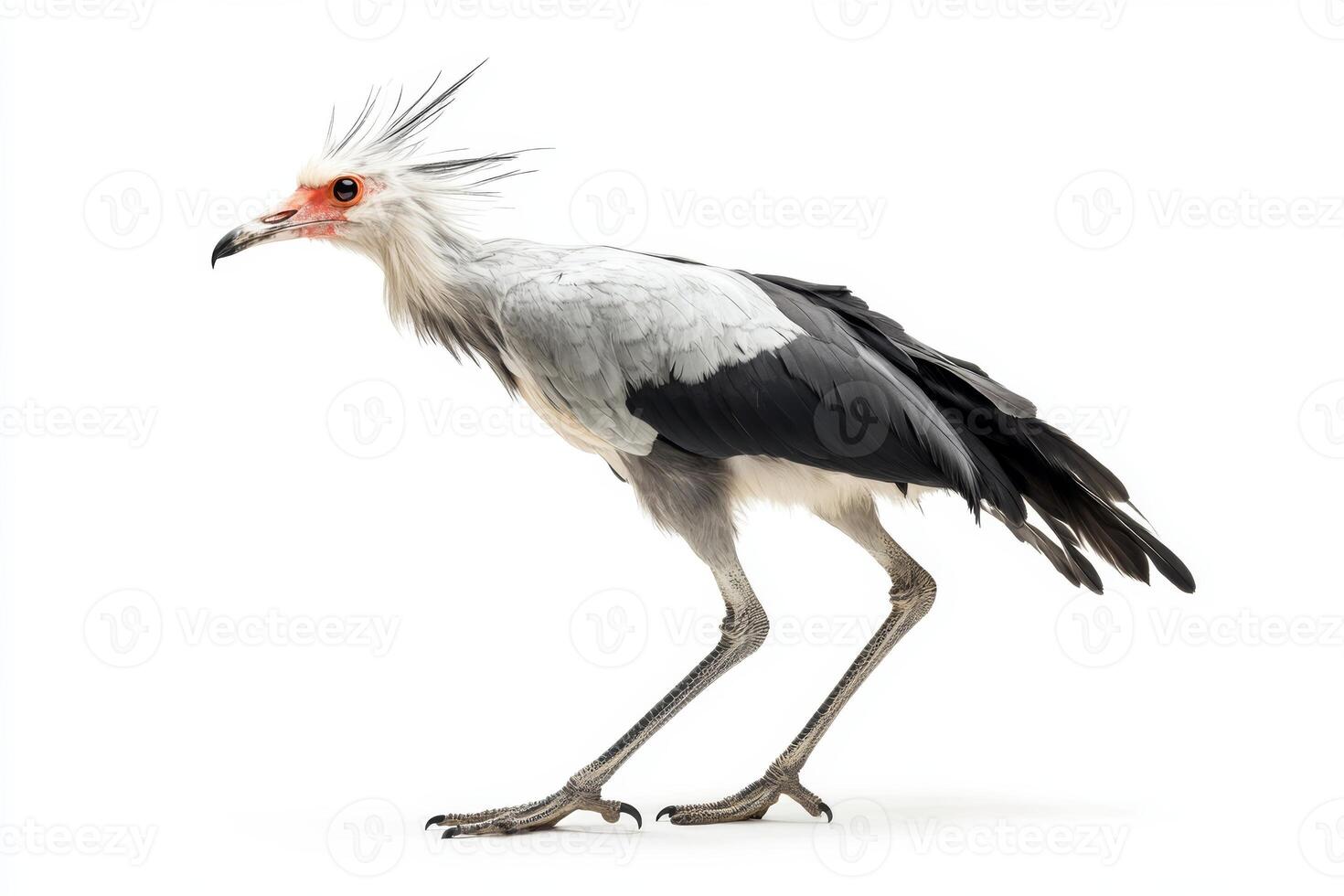 A bird with a red beak and white feathers is walking on a white background photo