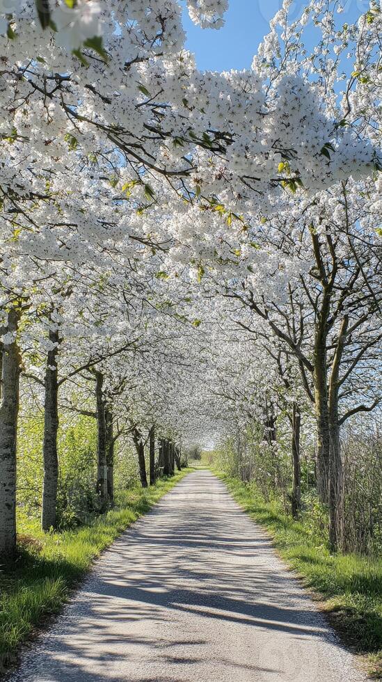 A tranquil road lined with cherry trees in full bloom, creating a picturesque tunnel of white blossoms under a bright blue sky. photo