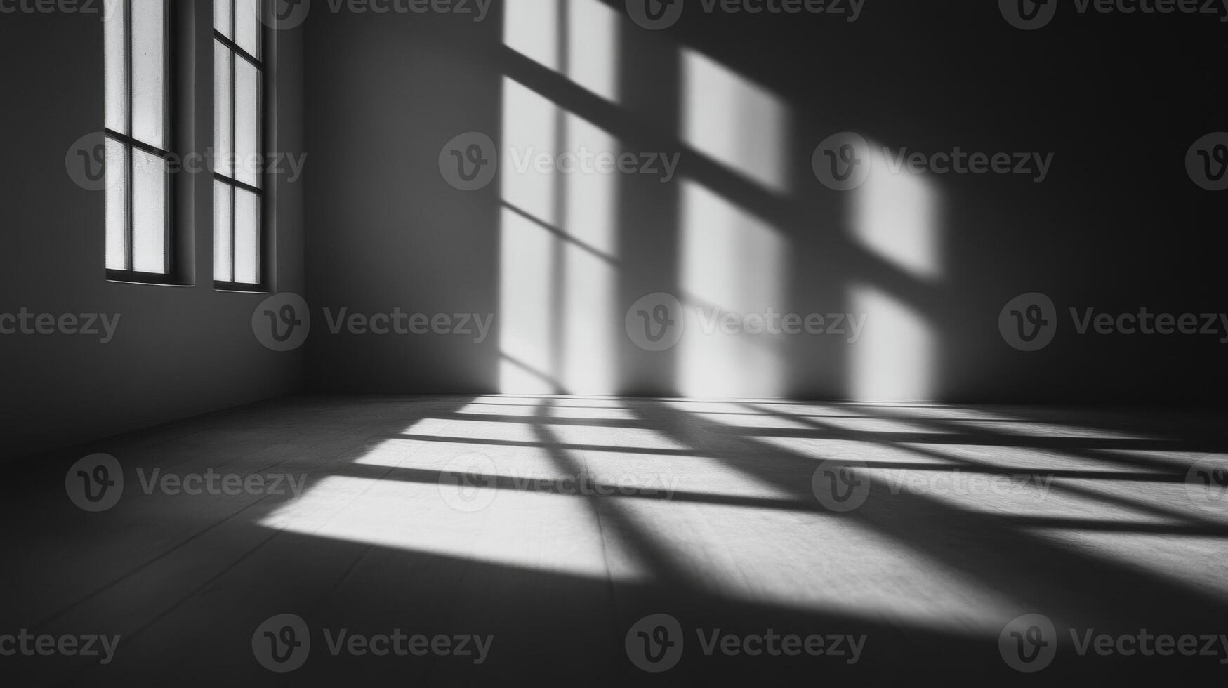 A room with a window and a shadow on the floor. The room is empty. The window is open photo