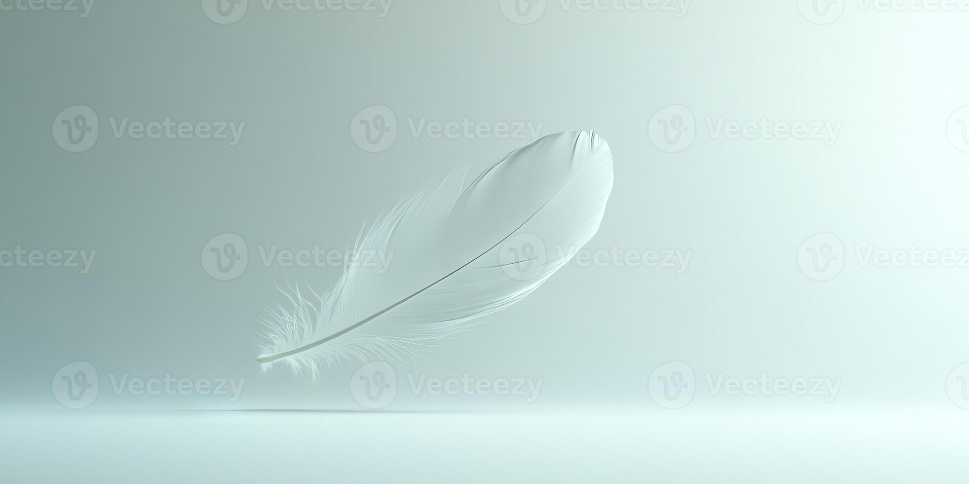 A feather is floating in the air, with a white background. The feather appears to be light and delicate, and it seems to be floating effortlessly. Concept of freedom and grace photo
