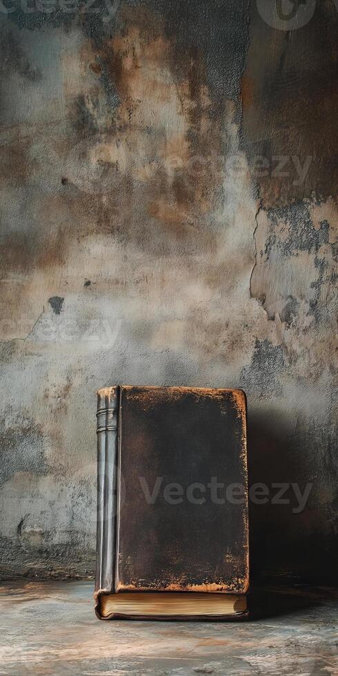 A book is sitting on a wall. The book is old and has a worn appearance. The wall is made of concrete and has a rough texture photo
