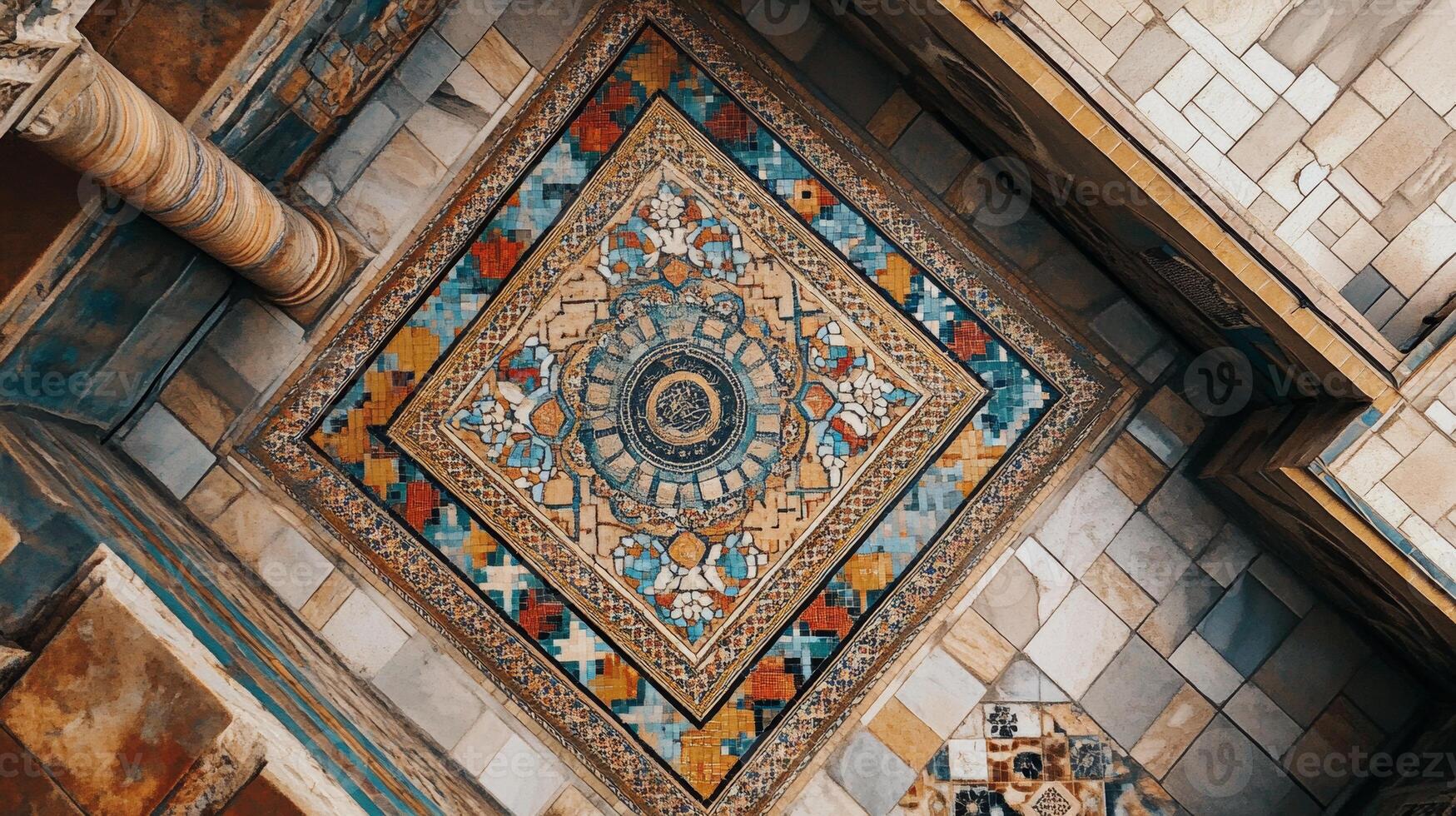 A colorful tile floor with a pattern of squares and triangles. The floor is made of stone and has a gold and blue color scheme photo