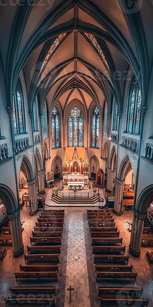 Majestic view of a Gothic cathedral interior featuring intricate stained glass windows and soaring vaulted ceilings. photo