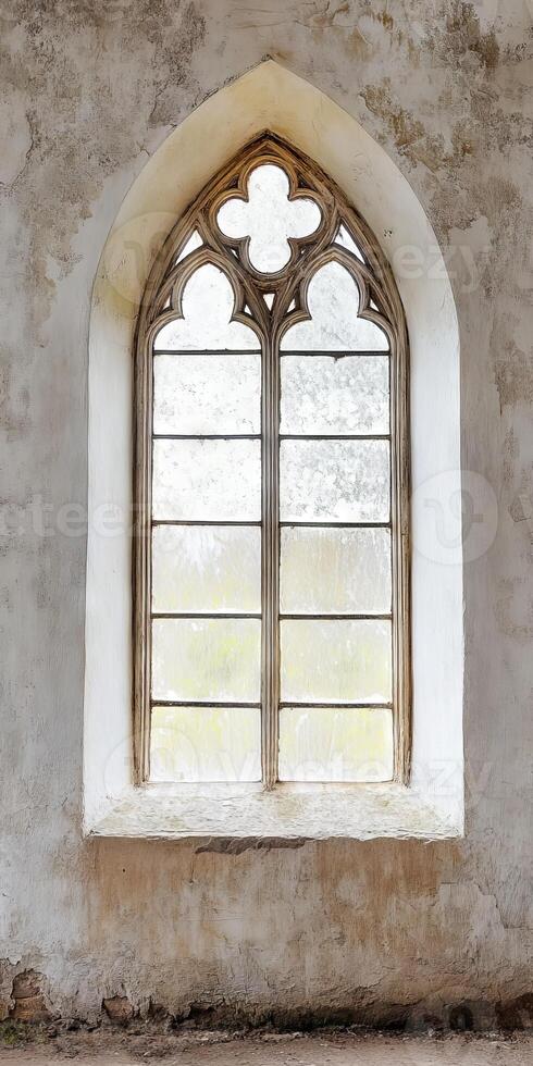 A window with a stone arch and a stained glass window. The window is open and the light is shining through it photo