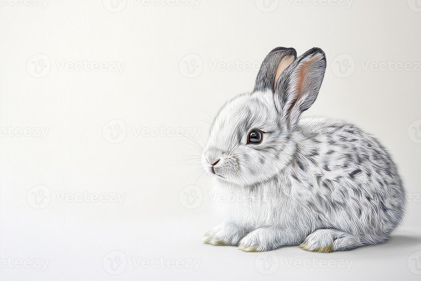 Cute fluffy white rabbit with gray spots sitting calmly on a white background, showcasing its soft fur and gentle expression. photo