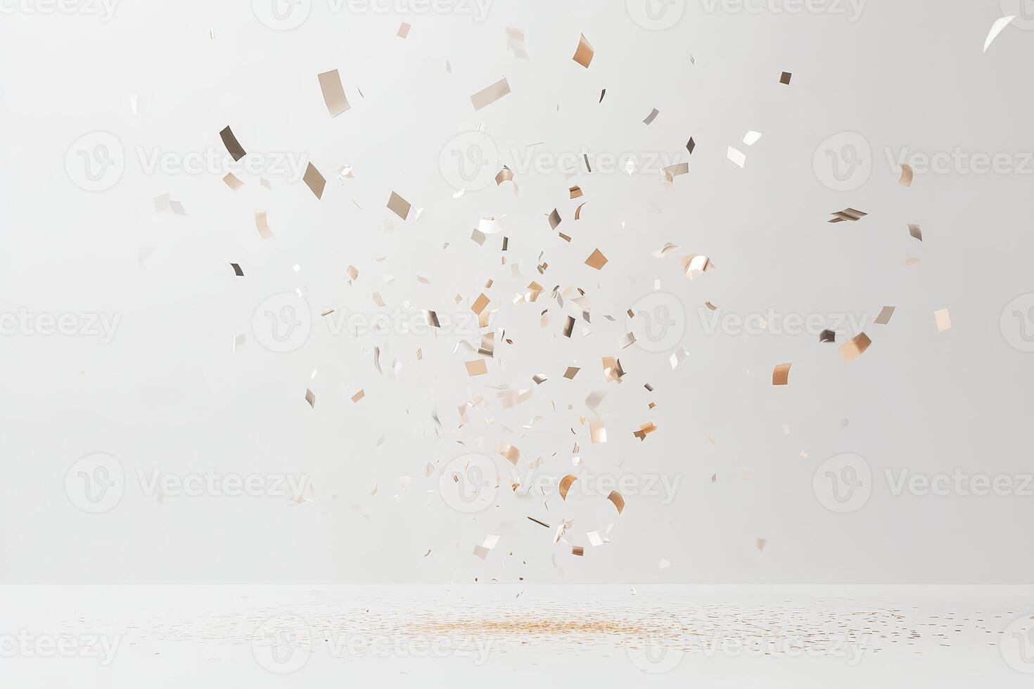Abstract image of metallic confetti falling against a plain white background, symbolizing celebration and festivity. photo