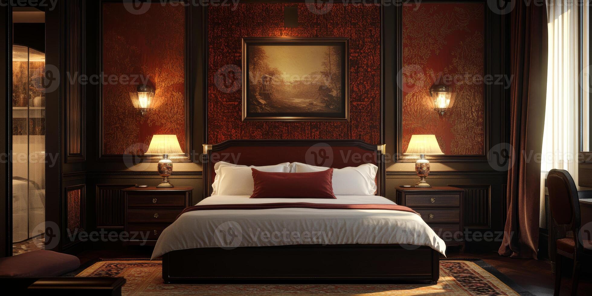 A large bed with a red pillow sits in a room with red walls. A picture hangs on the wall above the bed photo
