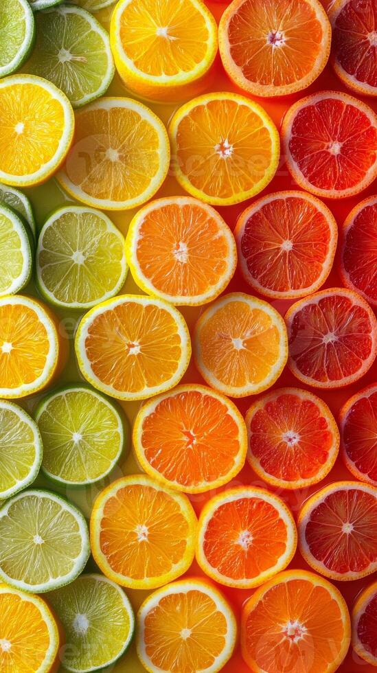 A row of oranges and limes are arranged in a rainbow pattern. The oranges are in the middle of the row and the limes are on the left photo