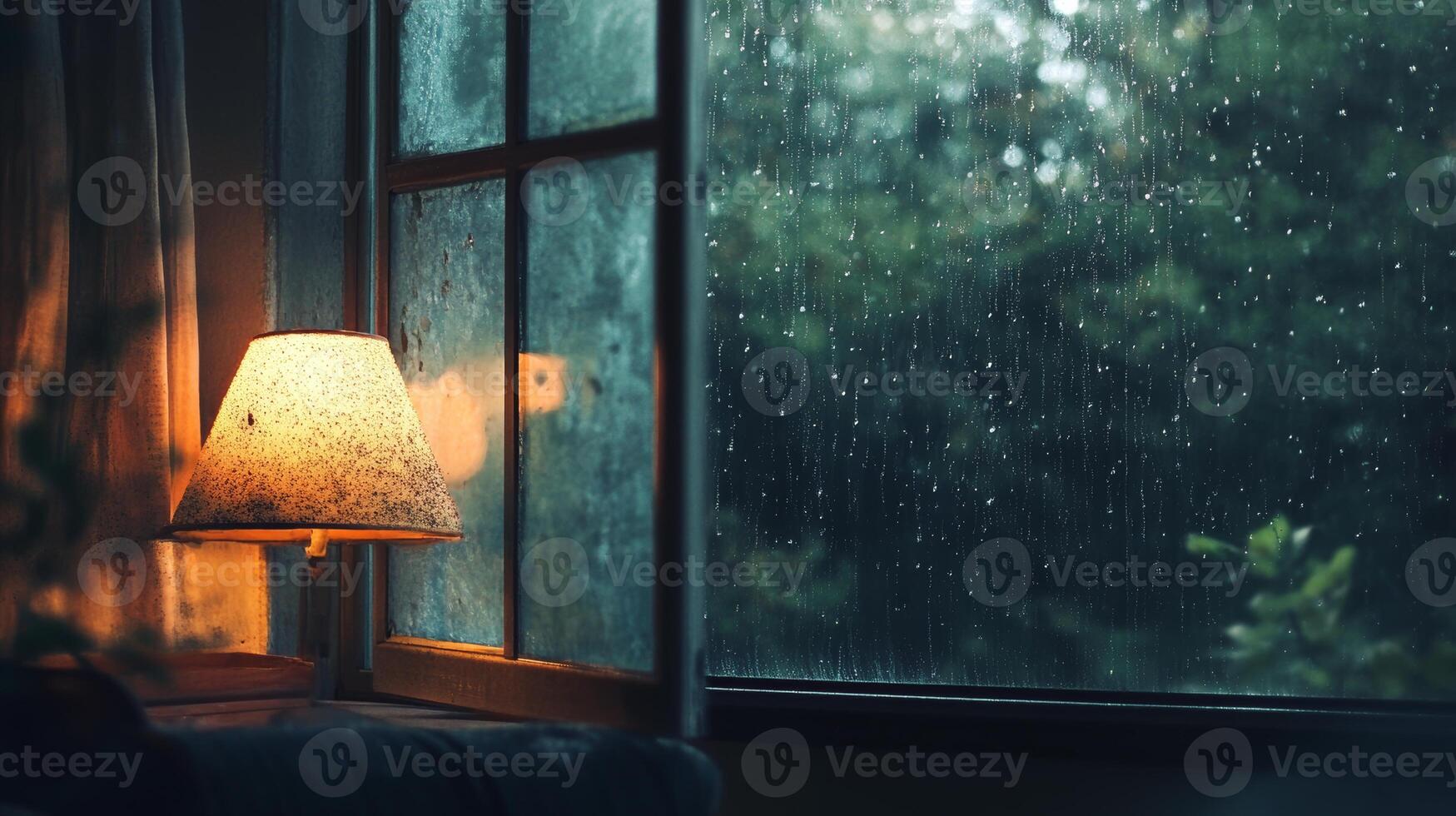 Compact powder overlaid with rain drenched windowpanes, creating a soft, serene vibe. photo