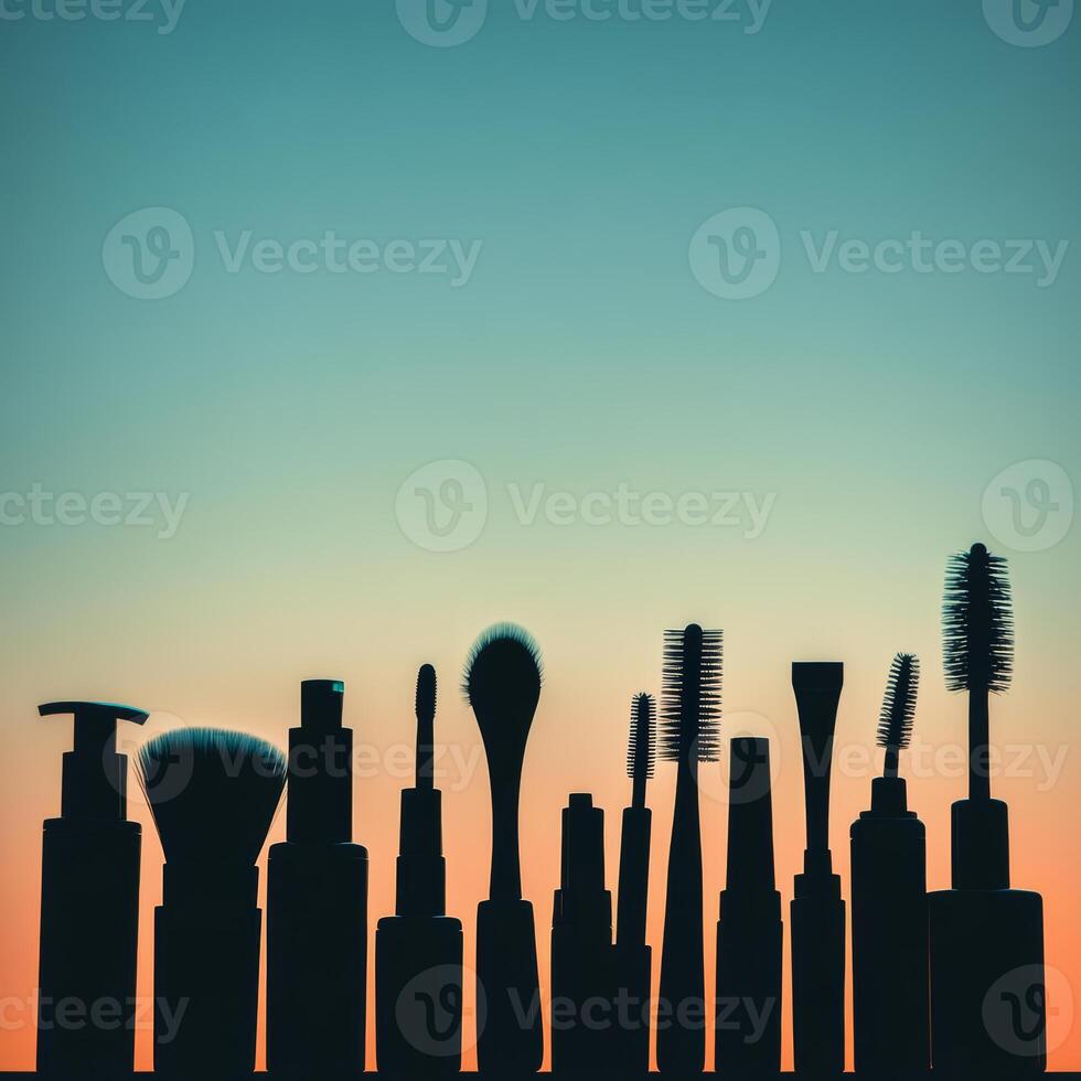 Dark silhouette of beauty tools and bottles on a soft gradient background. photo