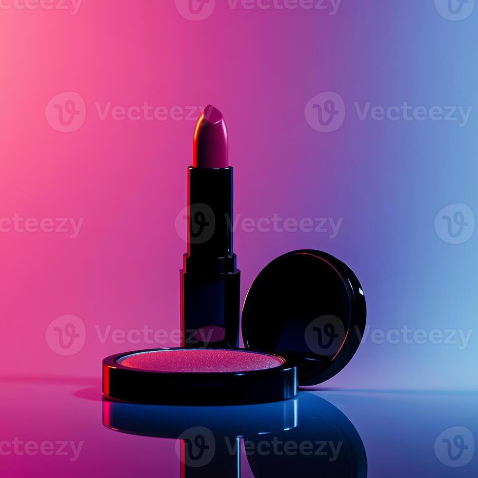 Dark silhouette of a lipstick and compact powder on a soft gradient background. photo