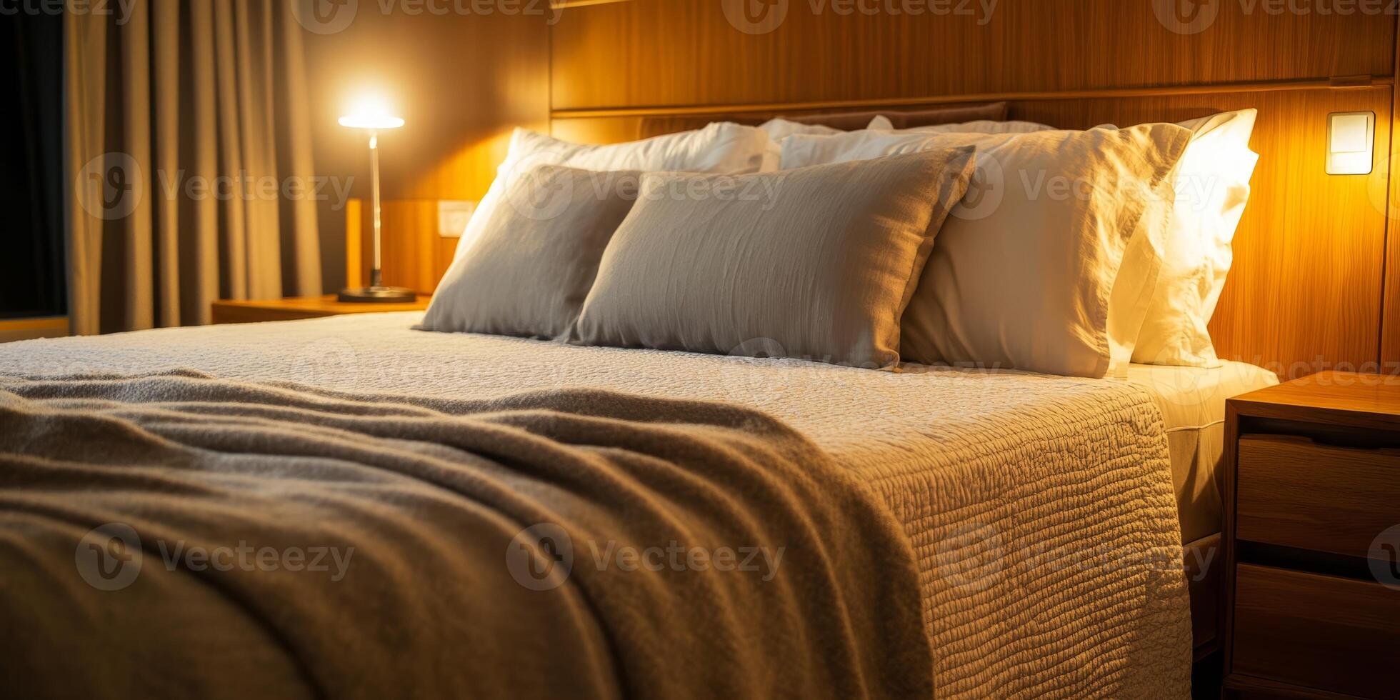 A beautifully arranged modern bedroom featuring soft lighting, plush pillows, and a cozy blanket, creating a warm and inviting atmosphere. photo