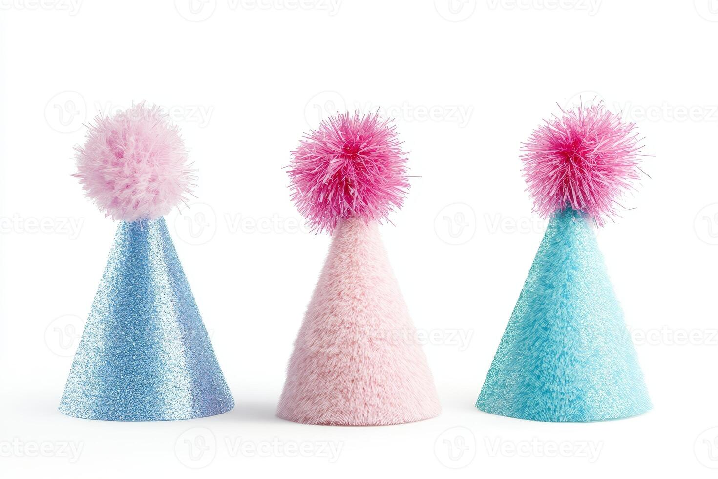 Three party hats with pom poms on top. One is blue, one is pink, and one is blue and pink photo