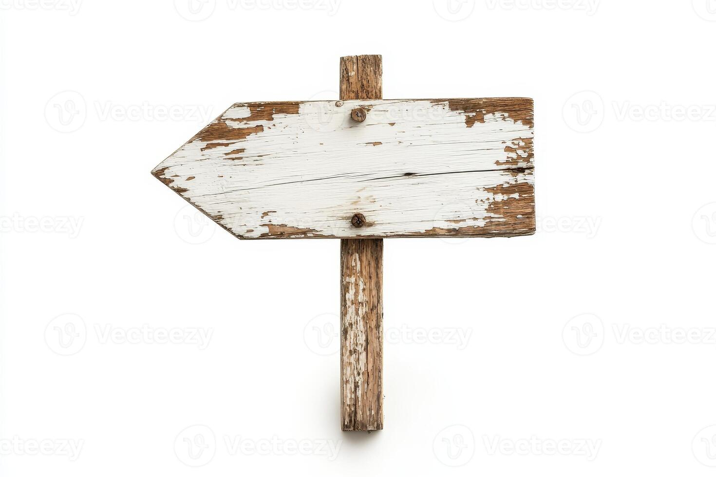 A weathered wooden arrow sign with a rustic finish, perfect for directional or decorative purposes in vintage themed projects. photo