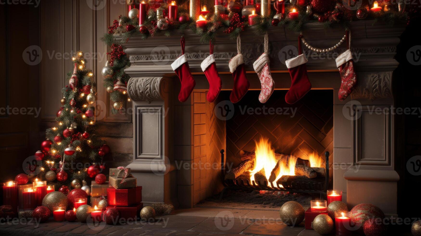 A fireplace with a Christmas tree and stockings hanging above it. The fireplace is lit with candles and the room is decorated for the holidays photo