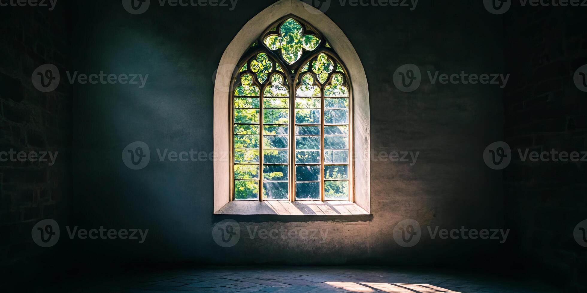 A window in a room with a view of trees. The window is open and the sunlight is shining through it photo