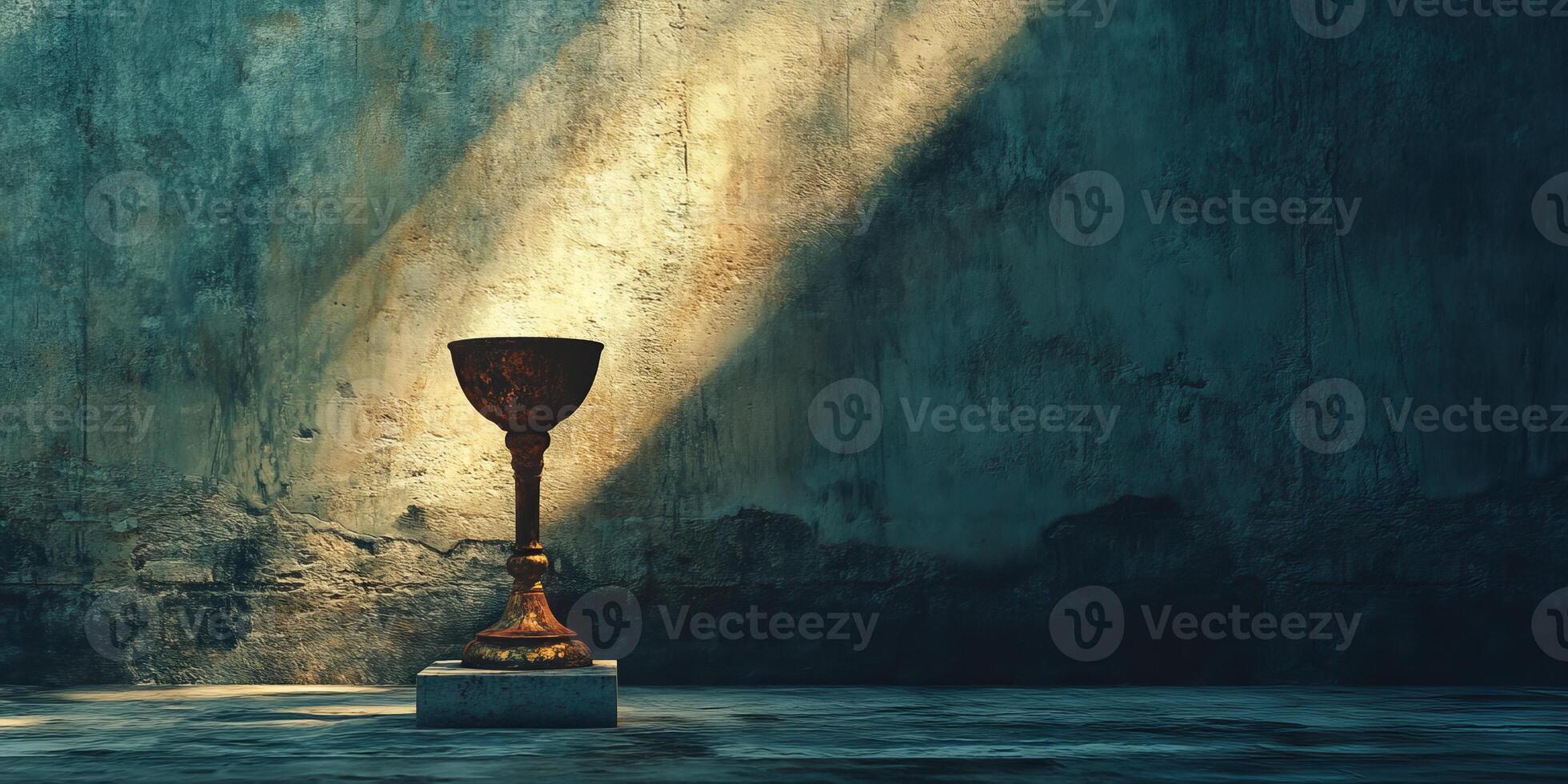 A small cup is sitting on a stone pedestal. The cup is made of gold and is illuminated by sunlight. The scene is serene and peaceful, with the cup as the focal point photo