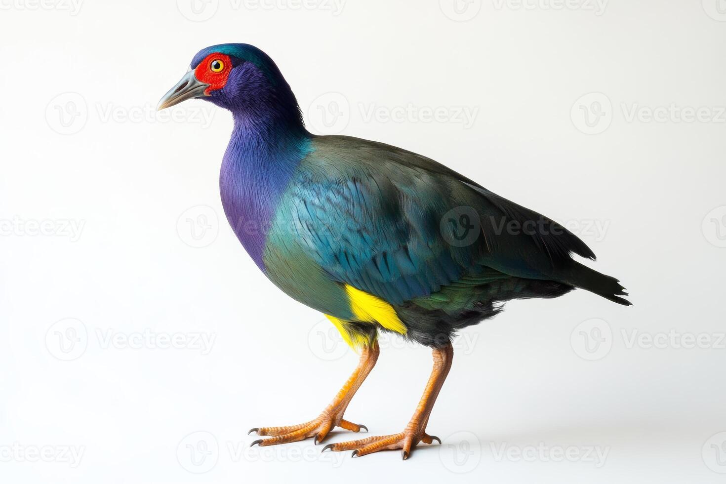 A colorful bird with a red beak stands on a white background. The bird's bright colors and unique features make it stand out against the plain white background photo