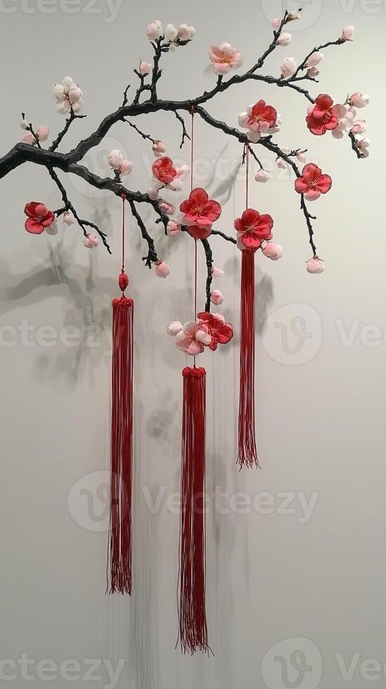 A decorative cherry blossom branch adorned with vibrant red tassels, set against a simple, elegant backdrop. photo