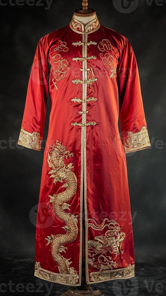 A red and gold Chinese robe with a dragon design. The robe is long and has gold trim photo