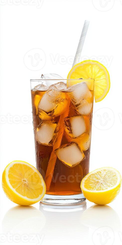 A glass of iced tea with a lemon slice on top. The drink is cold and refreshing, perfect for a hot day photo
