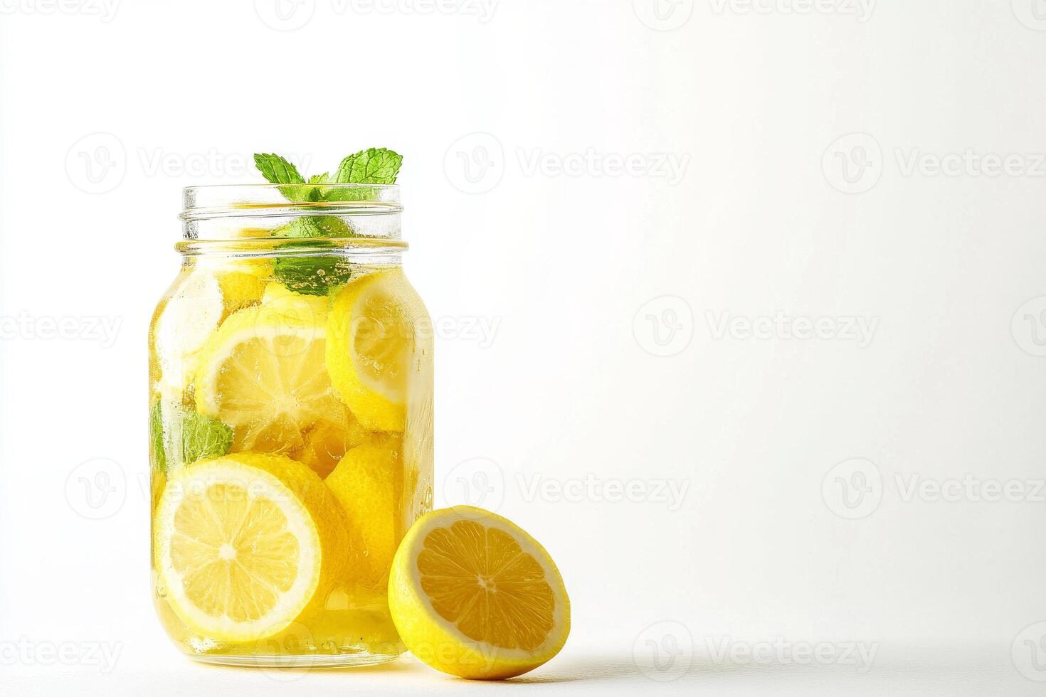 A jar of lemonade with a slice of lemon in it. The lemonade is yellow and the lemon slice is cut in half photo