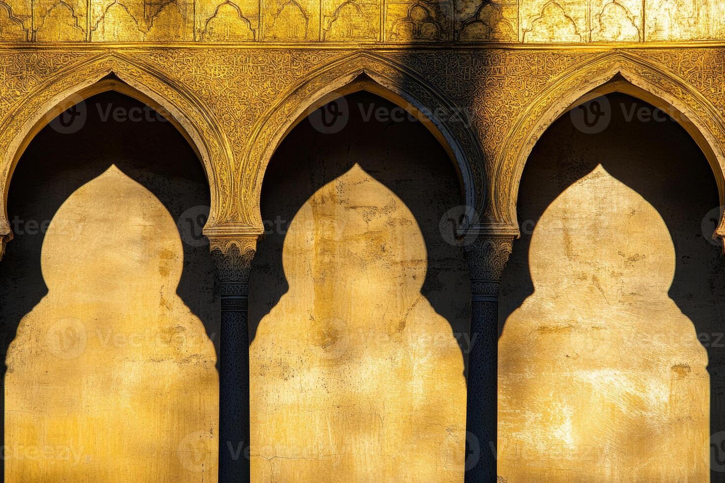 Three arches with shadows on the wall. The arches are yellow and the shadows are white photo