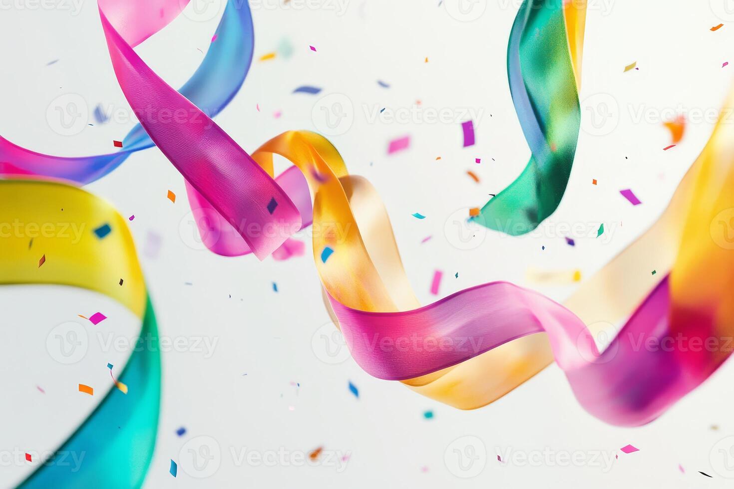 Brightly colored ribbons and confetti create a festive and joyful atmosphere on a clean white background. photo