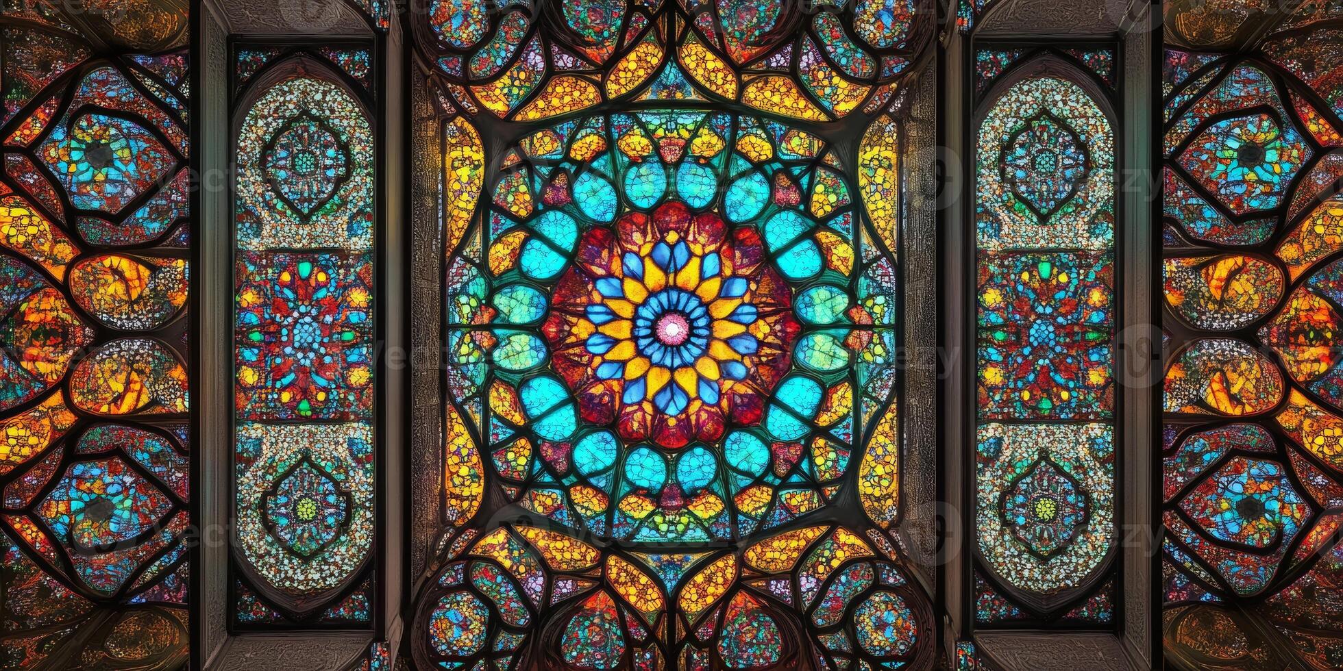 A stained glass window with a flowery design photo