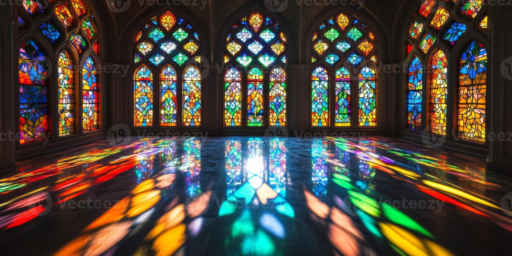 A large stained glass window with many colors photo