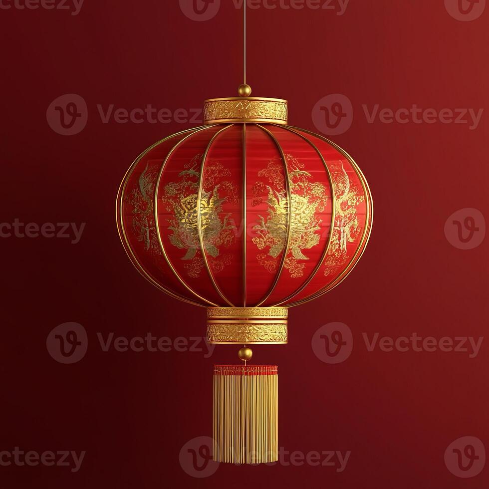 A red lantern with gold trim hanging from a hook photo