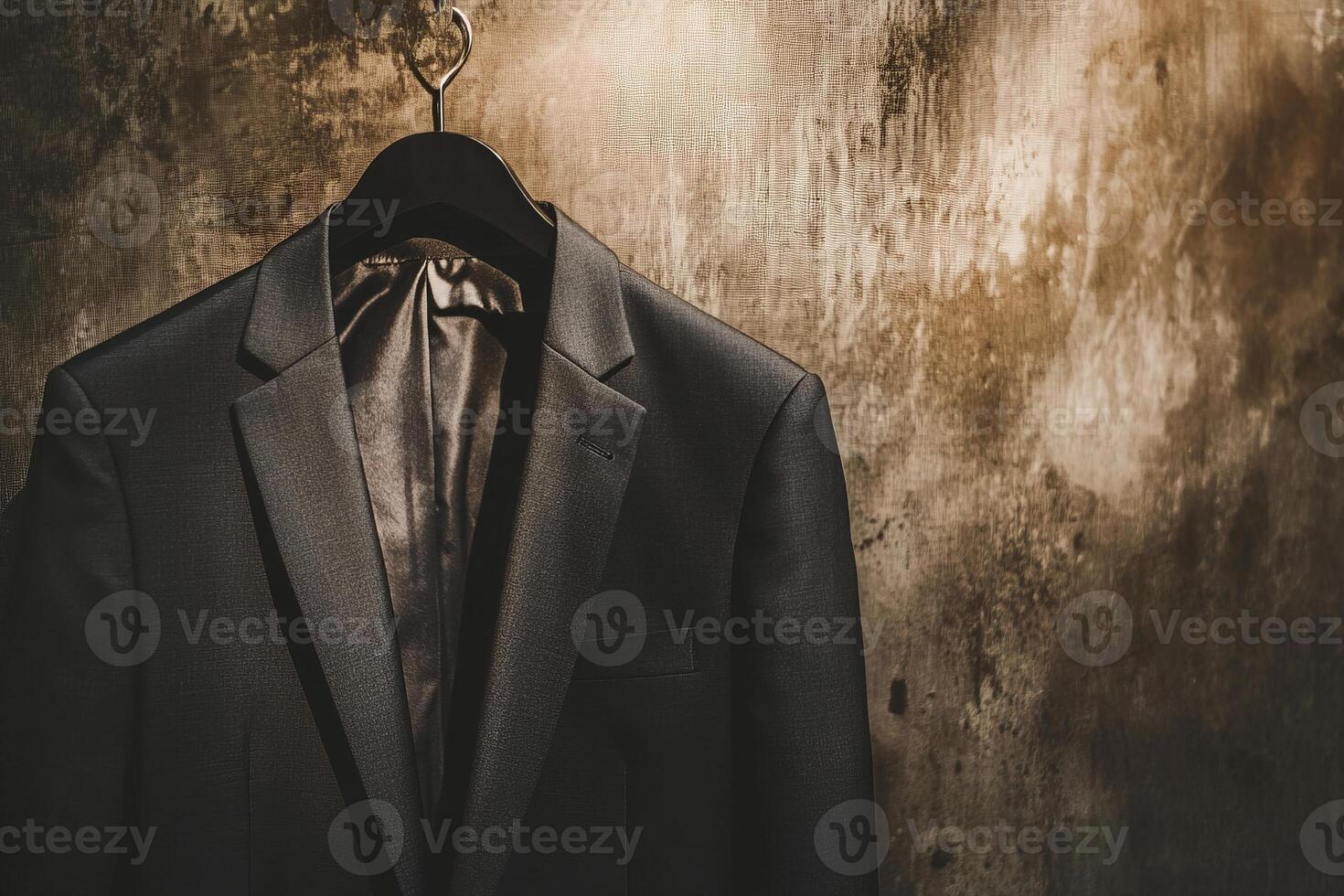 A man's suit is hanging on a hook photo
