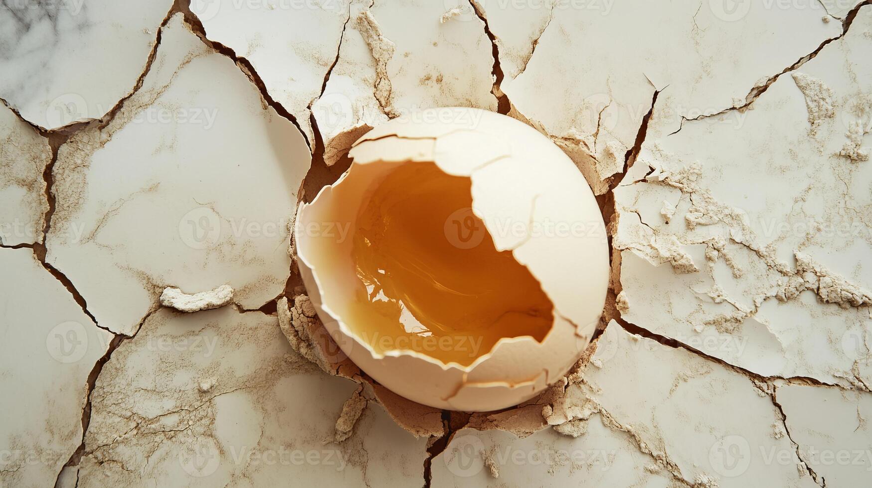 Close up of a cracked egg on a marble surface, showcasing the yolk and shell fragments in detail. photo