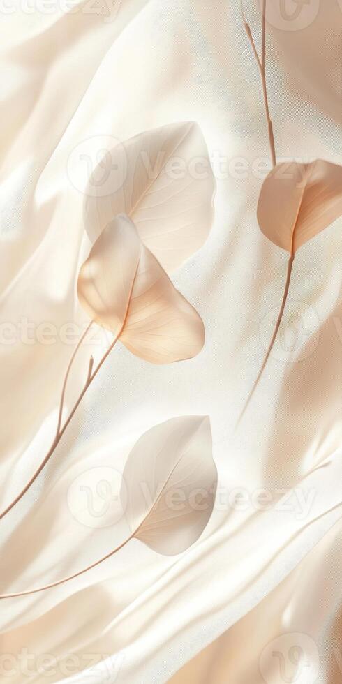 Soft white leaves float gracefully against a light fabric backdrop, creating a serene and minimalistic composition that evokes tranquility and natural beauty. photo