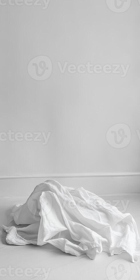 Minimalist Interior with Soft White Fabric on Floor in Brightly Lit Room photo