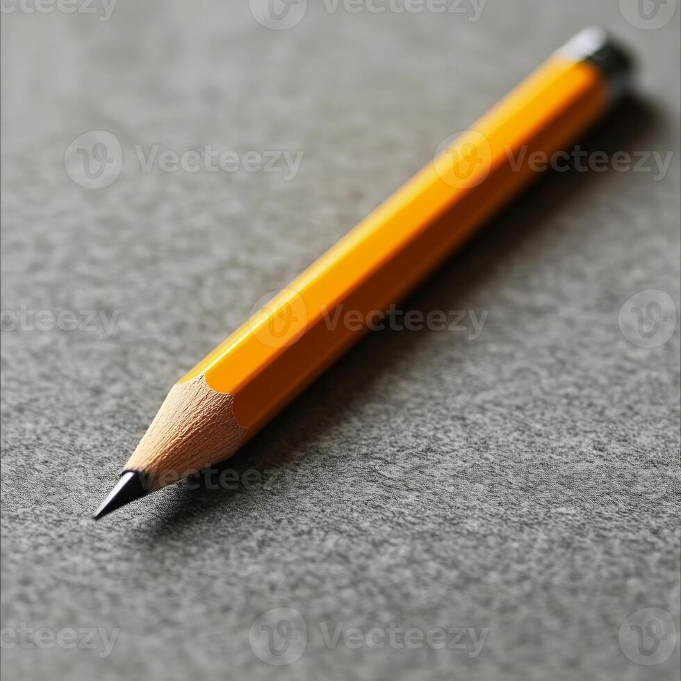 Detailed image of a yellow pencil with a sharp graphite tip on a textured gray background, ideal for education and creativity themes. photo