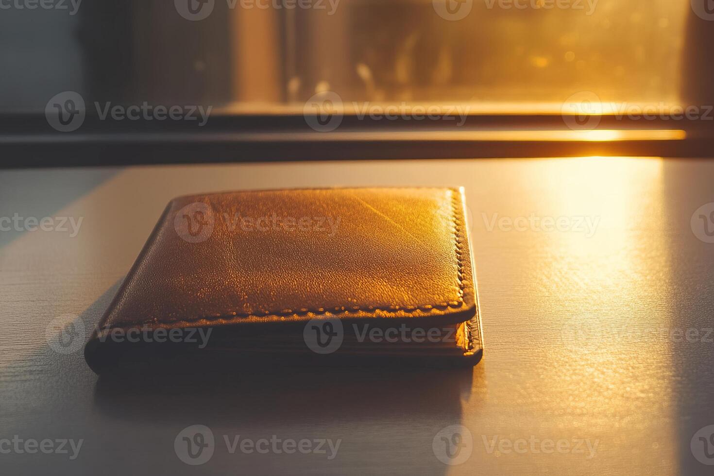 A tan leather wallet is laying on a table. The wallet is open and has a zipper. The wallet is sitting in front of a window photo