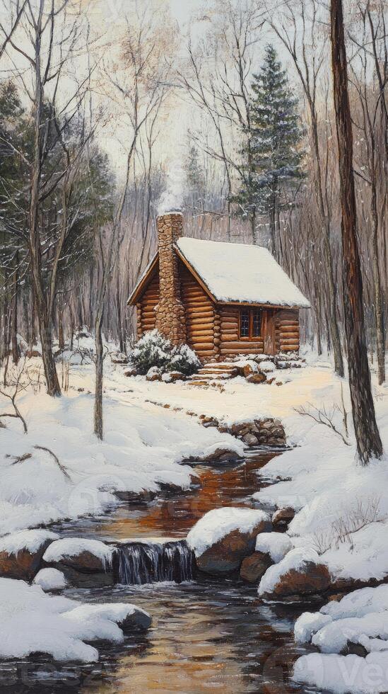 Serene winter scene featuring a rustic log cabin surrounded by snow covered trees and a tranquil stream. photo