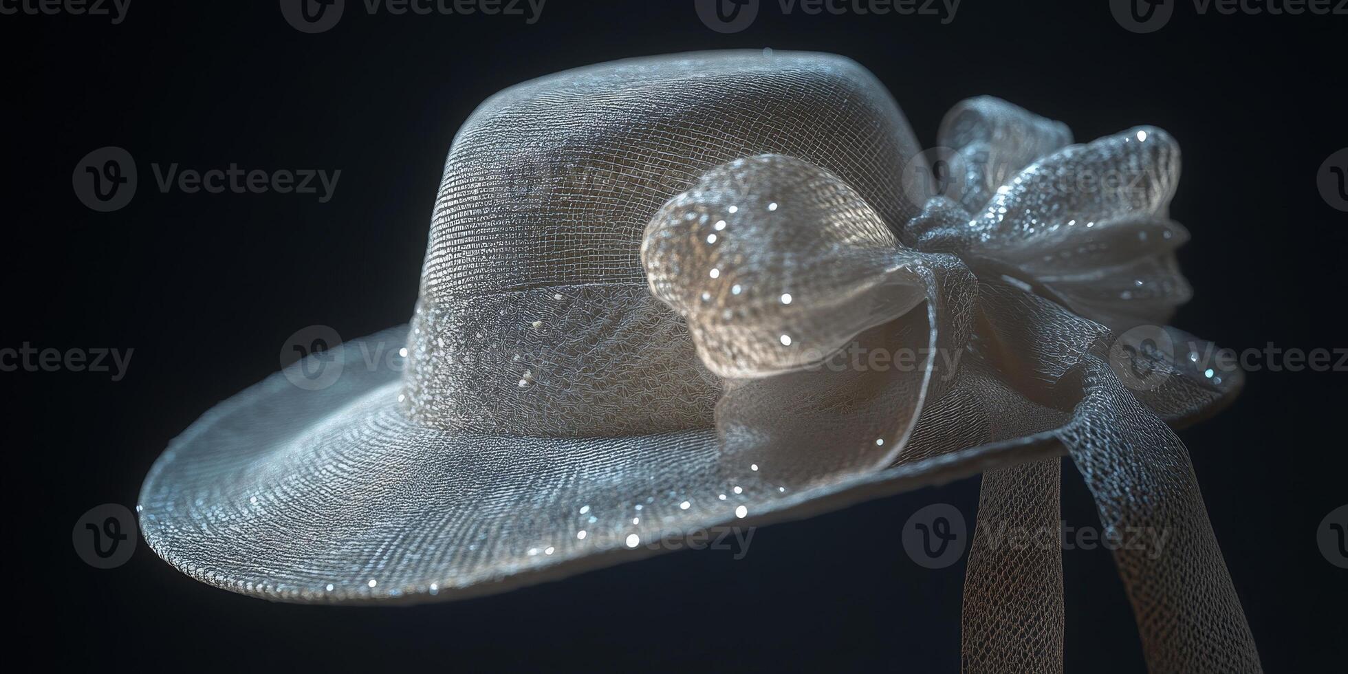 Stunning white hat featuring a sheer bow and sparkling detailing, perfect for special occasions or fashion shoots. Highlights elegance and style in any setting. photo