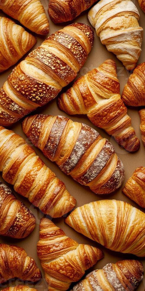 A stunning assortment of freshly baked croissants and pastries showcasing golden brown hues and flaky textures. Perfect for breakfast or brunch. photo