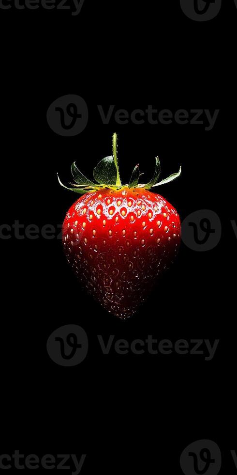 Fresh Red Strawberry Isolated with Black Background and Detail photo