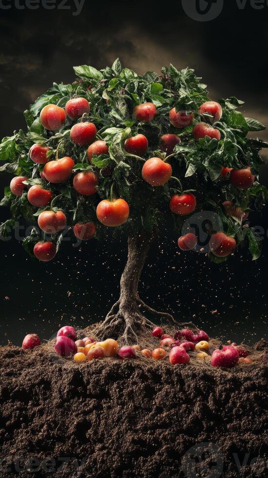 Apple Tree with Red Fruits Against Dark Background and Soil photo