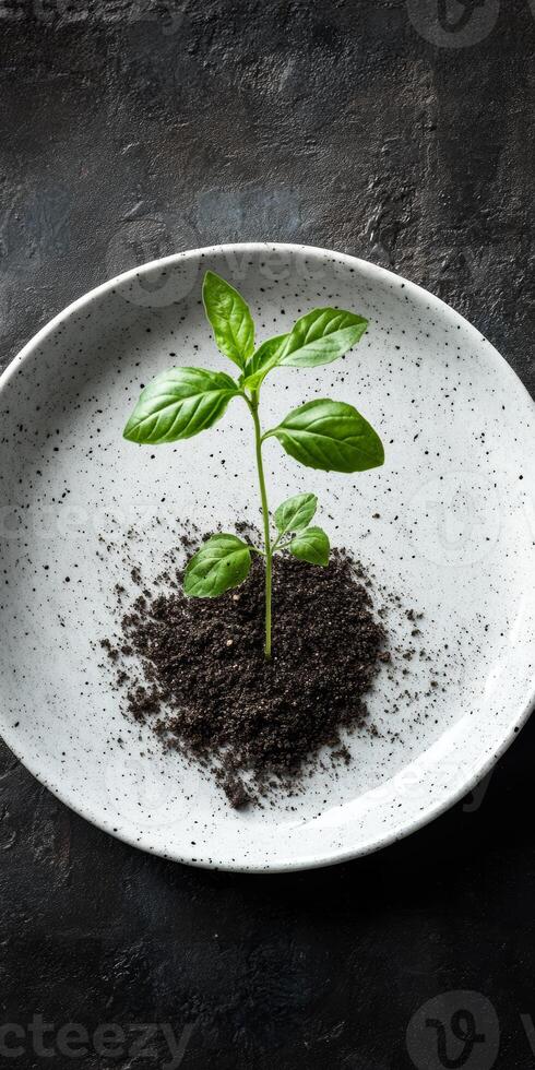 Fresh Green Basil Plant Growing in Dark Soil on White Plate photo
