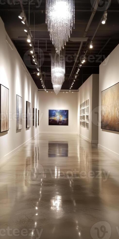 Elegant Gallery Space with Balanced Light and Art Displays photo